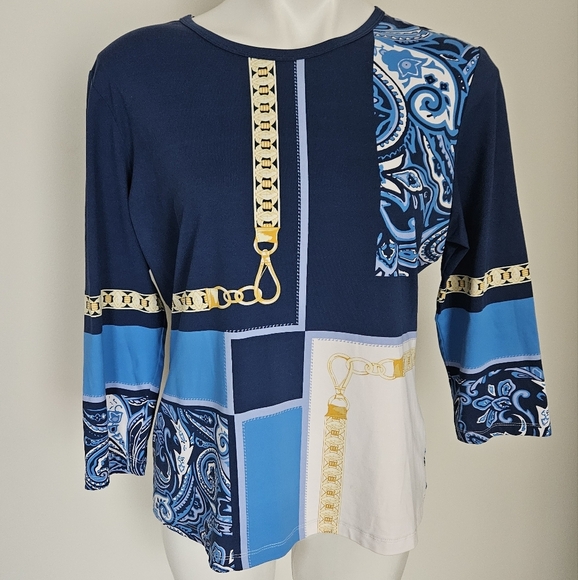 J. McLaughlin Blue and White Blouse with Paisley Pattern and Gold Trim - Picture 1 of 6